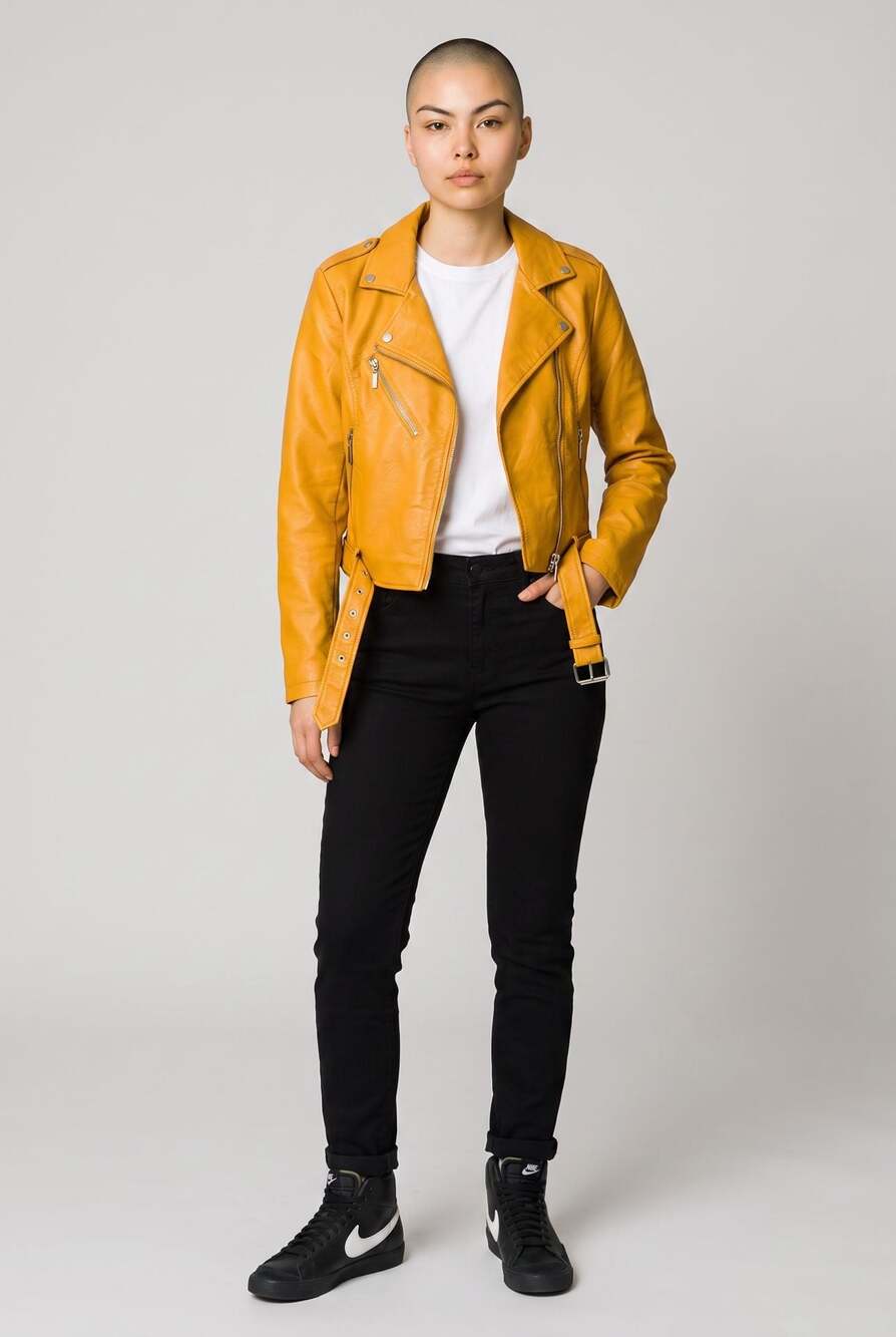 Guess Los Angeles Mustard Yellow Faux Leather Moto Biker Jacket Size S